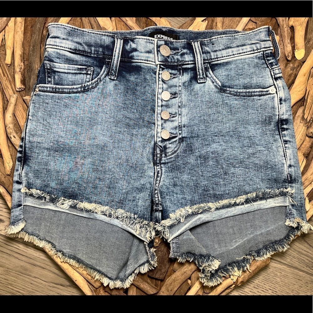 Express Women’s Dark Wash Shortie High-Rise Denim Shorts